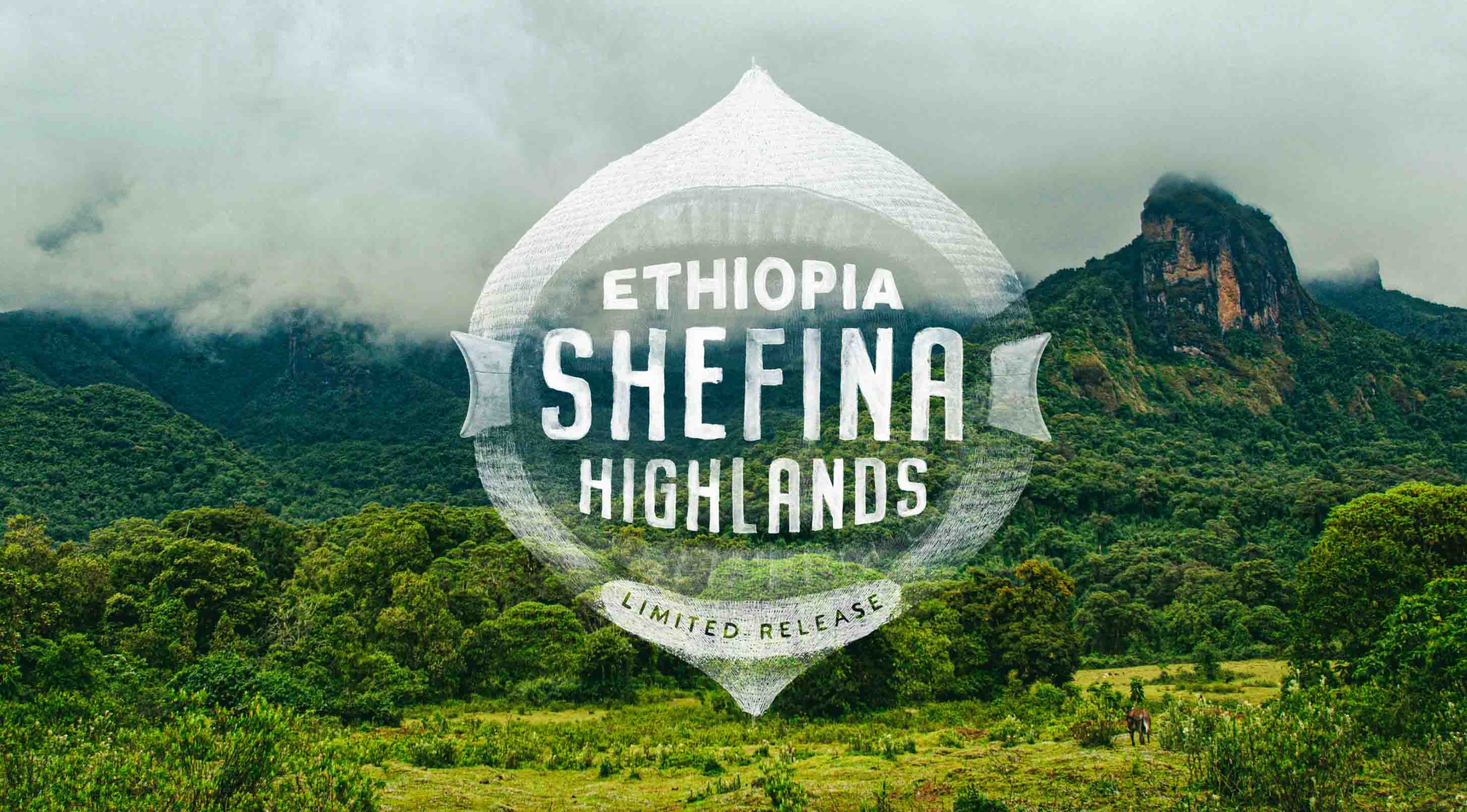 A scenic landscape print of Ethiopia's Shefina Highlands, featuring lush green mountains, a misty cloud-covered peak, and a grassy field in the foreground. A large, stylized white teardrop-shaped graphic overlay is centered, containing the text 'ETHIOPIA SHEFINA HIGHLANDS' and 'LIMITED RELEASE'.